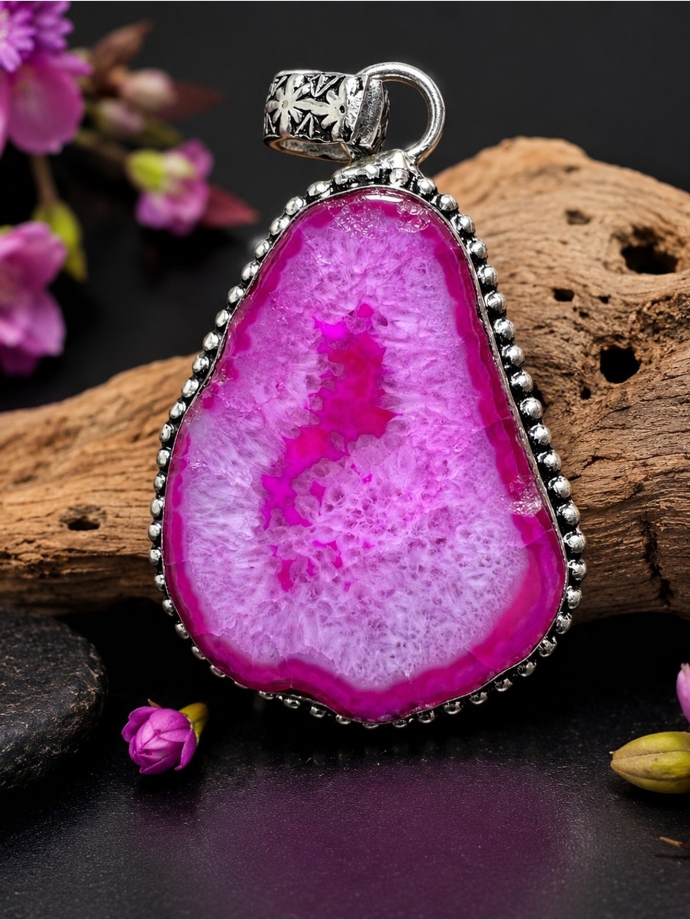 Artisan Pink Agate Slice Pendant Necklace
